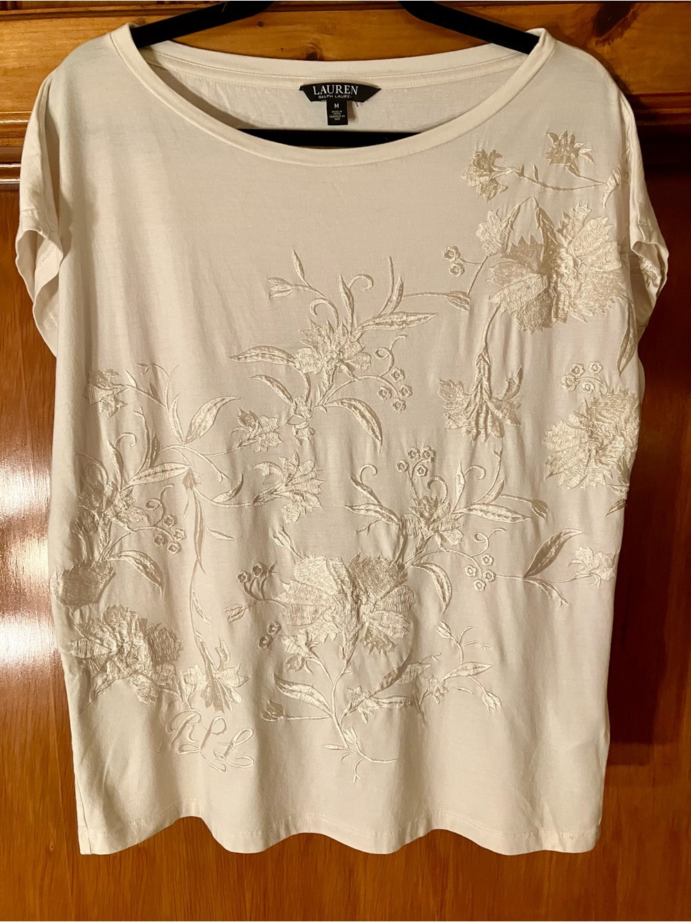 Lauren Ralph Lauren Cream Floral Embroidered Short Sleeve Tee